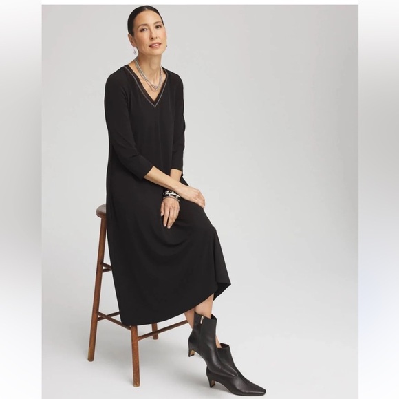 NWT Chico's Black Long Sleeve V-Neck with detail, A-Line midi Dress size 2/Large - Picture 8 of 13